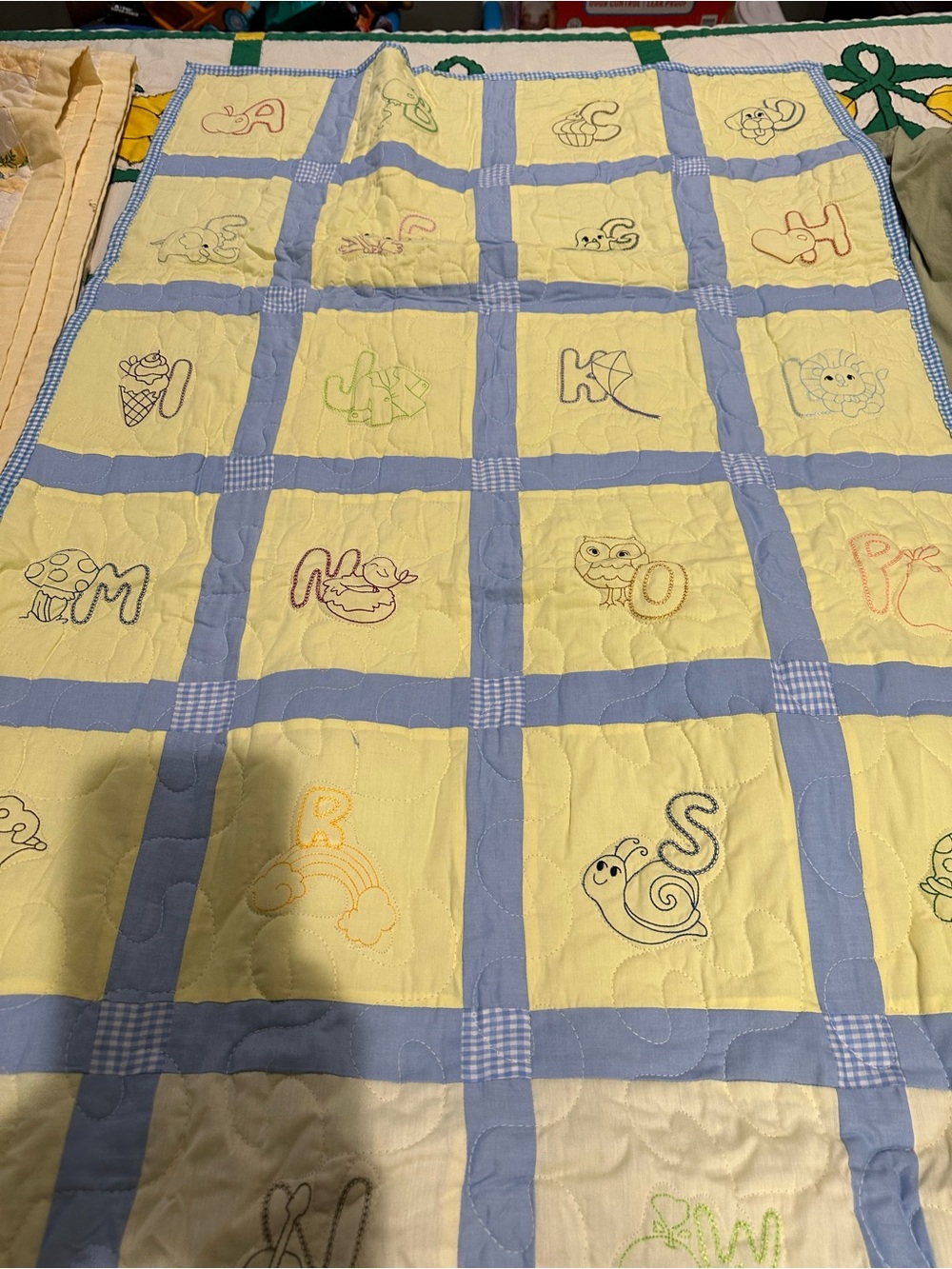 Handmade Yellow & Blue Patchwork Baby Quilt with Alphabet Embroidery